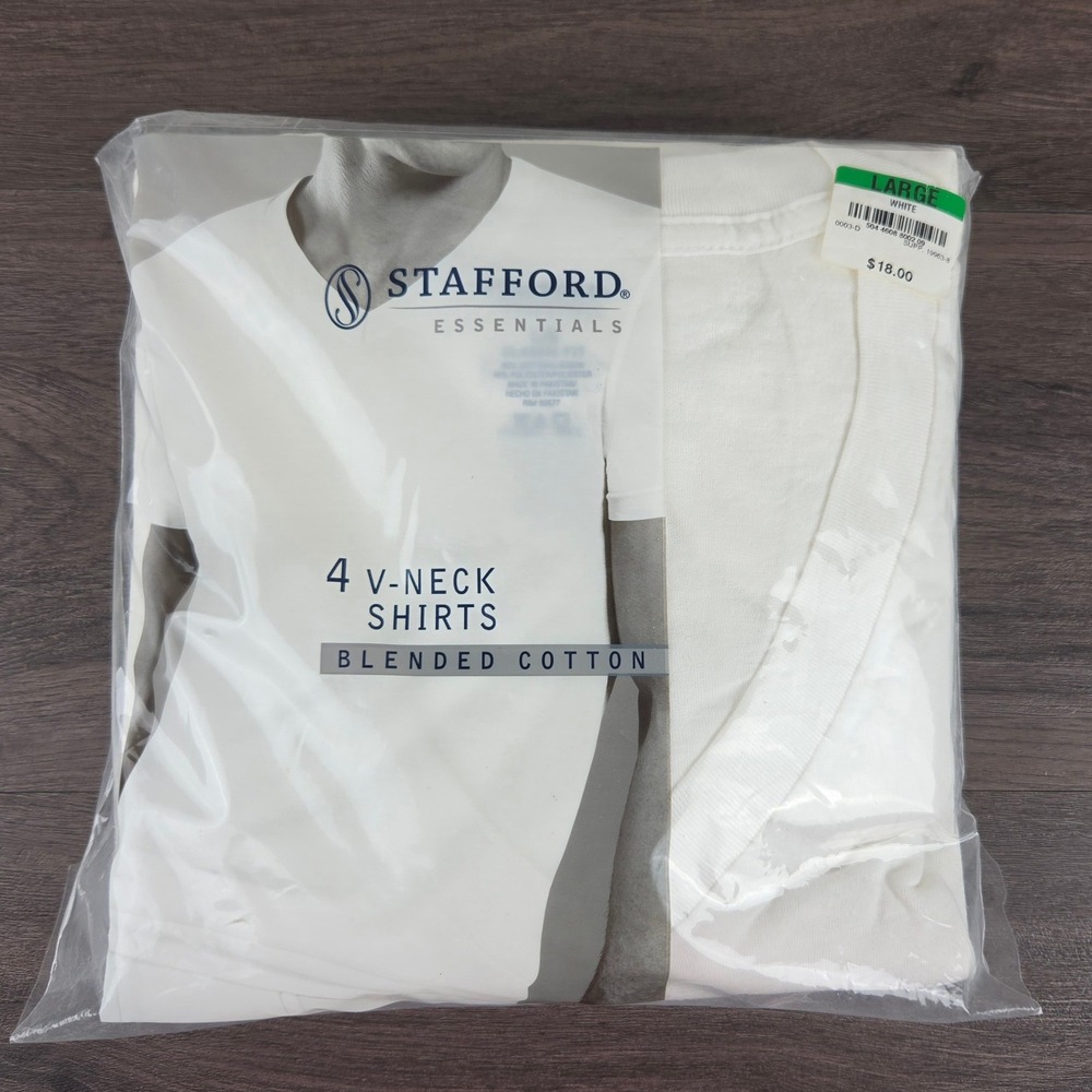 Vintage Stafford Men's White V Neck T-Shirts 4 Pack Sz L NOS 90s